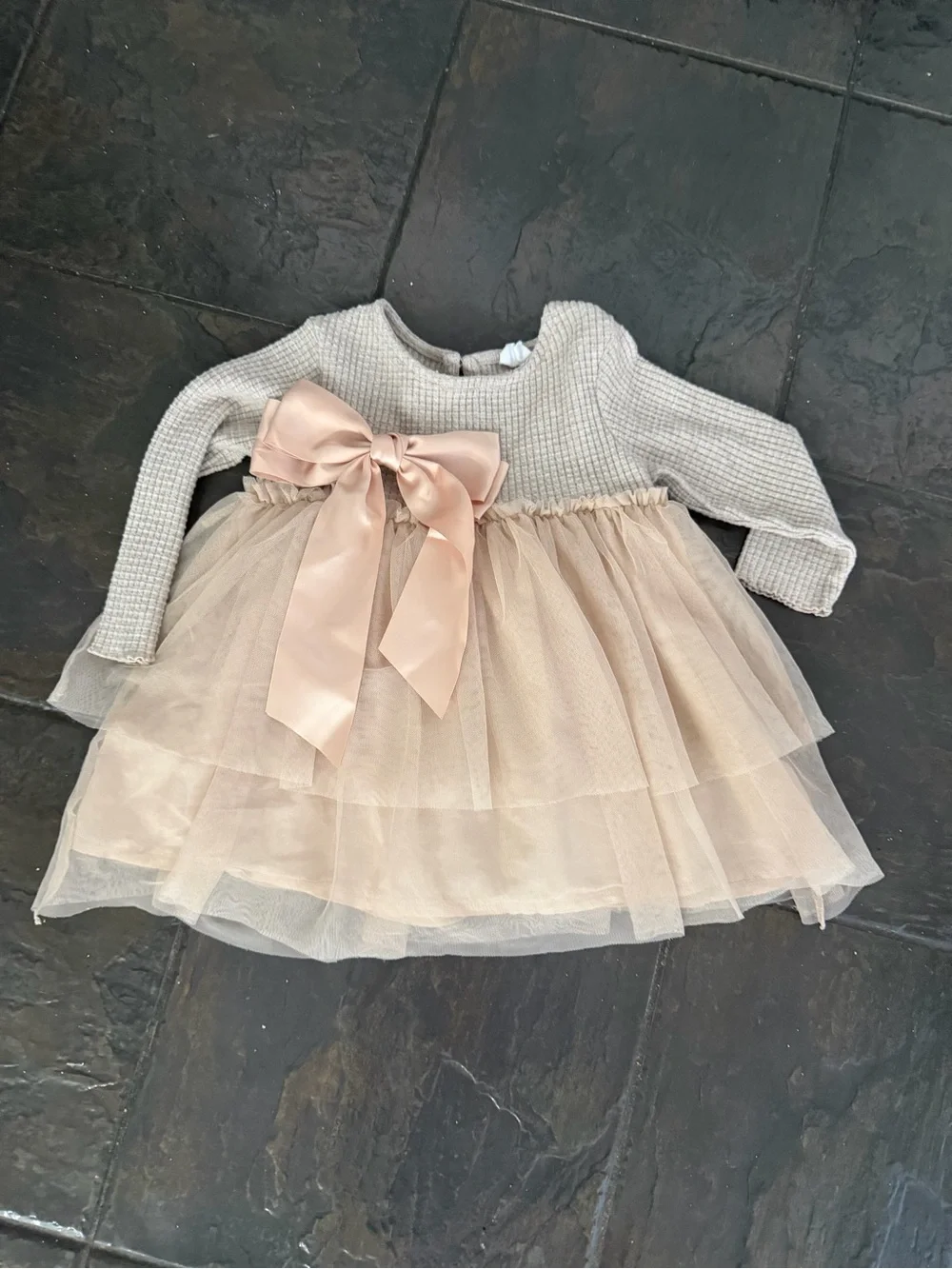 Zara Girls Waffle Knit Tulle Dress Size 3–4 Years (104 cm) Champagne Bow Dress